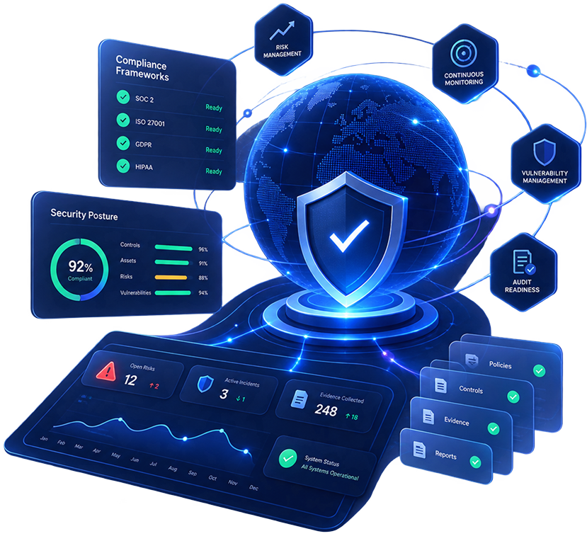 NVector dashboard graphic showing compliance frameworks, security posture and risk metrics